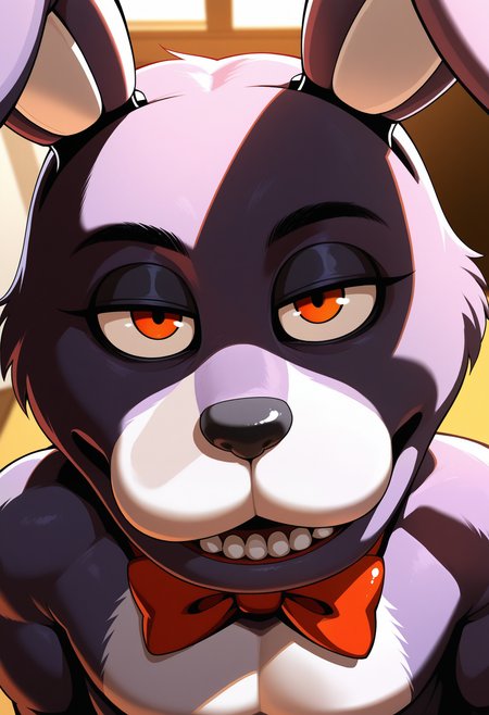 masterpiece,best quality,amazing quality, 1boy, solo, b0nn13, bunny boy, furry, purple fur, red bowtie, close up, smile, 