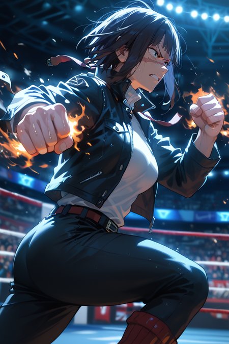 style of boku no hero academia,<lora:AIã¤ã©ã¹ããããã:0.5>,<lora:modern_anime_screencap_v1_0:0.8>,anime screencap,source_anime,score_9,score_8_up,score_7_up,score_6_up,dark theme,arena,looking ahead,
1girl,solo,<lora:age_slider_v4:1.2>,tomboy,adult,tall female,dark blue hair,straight hair,short hair,full bangs,blunt bangs,black eyes,pale skin,petite,medium breasts,angry,sweat,raised fists,fighting stance,from side,leather jacket,long sleeves,high collar,black multicolored legwear,steam,depth of field,knee up,scar on face,scar across eye,flaming hand,punching,