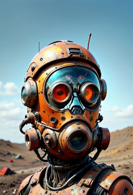 ultra high resolution, masterpiece, best quality, a sci-fi , in the landfill, A rusty and broken retro space helmet  buried in the landfill, in the style of hyper realistic photography. evi@decrepPunk