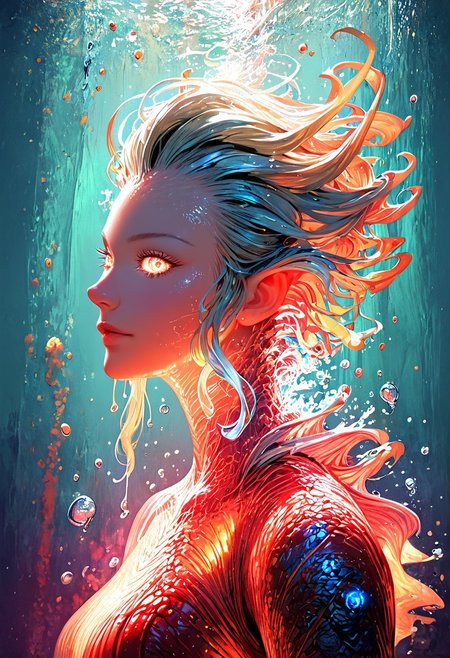 (score_9, score_8_up), score_7_up, zPDXL, solo, <lora:MythAnim3Style:0.8>, MythAn1m3,  source_anime, 1girl, mermaid, dark mysterious backgroud, Iridescent eyes, aquatic scene, dreamlike atmosphere, mystical, ethereal light, detailed textures, whimsical, rippling, dripping, water element, very long cascading hair, water, very beautiful, sexy, sexy body, beautiful body, scales, wet body, Iridescent scales, bubbles, water drops, Iridescent skin, multi colored eyes, partially underwater shot, watce, bioluminescent skin, bioluminescent, glowing, bioluminescent scales, bioluminescent hair,  FastNegativeV2, laser light clothes, submerged breast, water line on lense, view from under water, light hair
