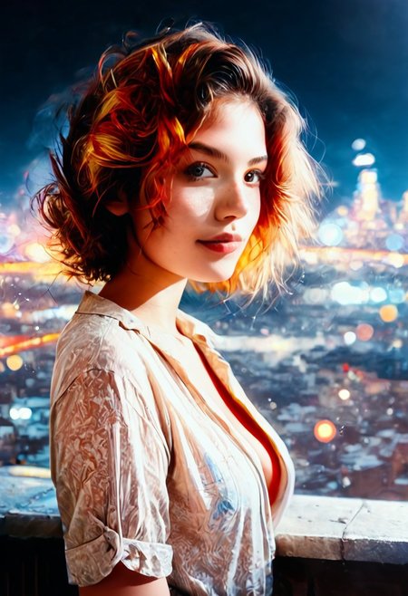 score_9, score_8_up, score_7_up, score_6_up, (cowboy shot:1.4), photorealistic, bokeh,  30yo women, solo, medium breasts, cleavage, short red hair, blond highlights, attractive, night, (european:0.6), (brazilian:0.6), d3t41l3d, (neodark:1.2), looking at city, (from side:1.2), on rooftop, (C7b3rp0nkStyle:0.8), (Masterpiece:1.3) (best quality:1.2) (high quality:1.1), detailed face, looking at viewer