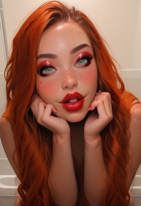 Score_9, Score8_up, Score_7_up, (((High Resolution, Best Quality))), Detailed Skin, 
1girl, solo, 18 years old, perfect face, perfect eyes, sexy, beautiful green eyes ,hud_vry_lng_h4ir, very long ginger wavy hair, petite body, wide hips, perfect cute face, flat chest, perfect hands, blush, dynamic angle, heavy freckles, makeup, lipstick, very beautiful, very cute, cute nose, heartbreaker, perfect thick red lips,kawaii face, manicured white nails, shapely thighs, makeup, darkeye shadow, view of sexy legs,  bathroom setting, view of her from the mirror, perfect little ass, Lipstick Marks on screen, 1girl, red lipstick, oral invitation,