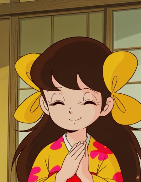 masterpiece, best quality, solo, smile, happy, closed eyes, 
<lora:Sakura:1>, saku4a, 1girl, long hair, brown hair, black eyes, yellow kimono, multiple hair bows, 1980s \(style\),
