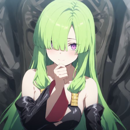 1girl,solo,looking at viewer,upper_body,portrait,masterpiece,high score,great score,absurdres,<lora:Doll_tmwg ag4o v1:1> dolltmwg, green hair, long hair, purple eyes, hair over one eye,bare shoulders,detached sleeves,black dress,