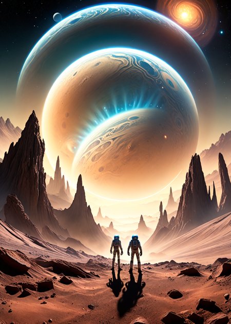 (pui:0.01) An intrepid explorer standing calmly in front of a horrific scene on a distant planet, (one hand lifted over head:1.24) waving at viewer, (waving cheerfully:1.18), smiling visor, the planet's twisted landscape behind them, strands of luminous mist swirling around their legs, a medium observatory dome, alien organisms drifting in the atmosphere, a lively city square with holographic theories, intricate, gravitational equations etched into the ground, a hidden gateway awaiting discovery, the explorer's confident posture, their reflective hand waving, 
(bright anomaly:1.16), (jarring contrast:1.12), (eye-catching:1.29), (surreal juxtaposition:1.25),(trending:1.16) (high image quality:1.08), (RAW:0.78),(high resolution photograph:1.28),high definition,(aesthetic:1.14), <lora:LCMTurboMix_Euler_A_fix.safetensors:0.96:0.3> <lora:sdxl\Hyper_Realism_Pony_XL.safetensors:0.85:0.18> <lora:sdxl\add-detail-xl.safetensors:0.88:0.10  p18,s22
