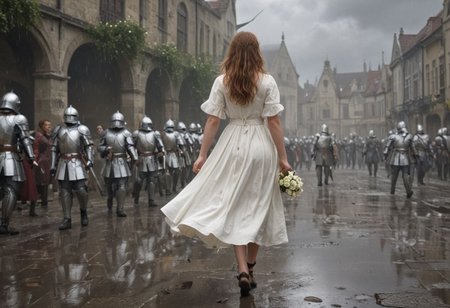 1 female child with an army of knights.
(the female child is happy in clean white dress) runs with a white flower in her hand towards background (facing away) from camera. back turned.
(The Army of Knights is covered with blood and wounds), marching from right to left in background.
Masterpiece, DonMSt34mPXL, Realistic Lightning, Cinematic Lightning, Dark Lightning, Rain, Puddle, Clouded Sky, medieval, fantasy, pedestrians, Cape, Reflection, 1girl, army
