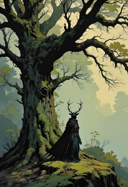 An full body shot of an antlered woman wearing a cloak of leaves, under a huge tree, she watches the viewer from a distance in a misty forest, moody, will o' the wisp, amber