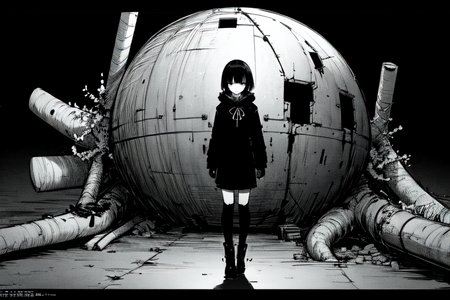 highly insanely detailed, masterpiece, top quality, best quality, highres, 4k, 8k, RAW photo, (very aesthetic, beautiful and aesthetic),  
tsutomu nihei,nihei_tsutomu,blame!,blame gakuen!,abara,TNstyle,sidonia_no_kishi,dome,wire,drainpipe,bridge,letterboxed, 
<lora:ABARA:0.5>, 
(1girl:1.3), 
solo focus, 
prison,midnight black background,âââ