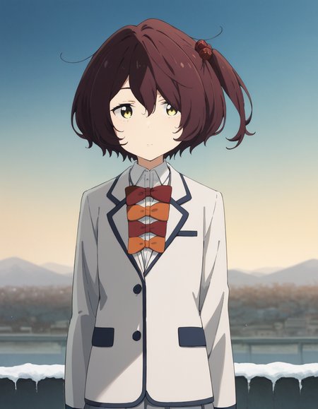score_9, score_8_up, score_7_up, source_anime, BREAK
1girl, solo, looking at viewer, simple background, noon light, outdoors, sky,
chika komari, brown hair, short hair, hair bobbles, hair between eyes, one side up, yellow eyes, expressionless,
winter school uniform, white blazer, white collared shirt, long sleeves, red bow, orange bow, grey pleated skirt,
<lora:chika_komari_anime_v3-soralz:1>,