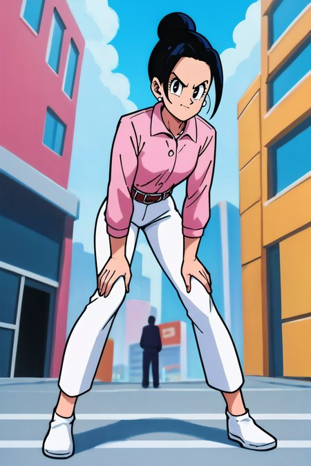 zPDXL3, <lora:CitronAnimeTreasure:.8>, <lora:chichi_pony_v3e20:.6>
chi-chi, end of buu, black hair, eyelashes, hair bun, black eyes, single hair bun, earrings, collared shirt, long sleeves, pink shirt, belt, white pants, looking at viewer, serious, smiling, standing, bent over, hands on knees, from below, city, blue sky,