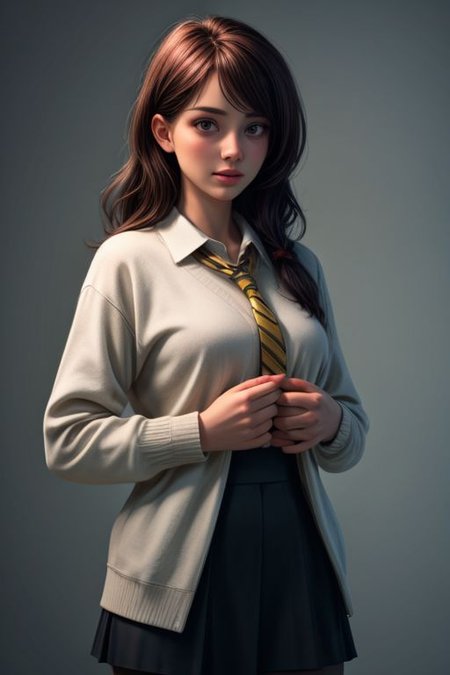 A young girl with red hair. She was wearing a school uniform: a gray sweatshirt, a blue skirt and a maroon-and-yellow striped tie.