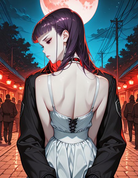 highres, best quality, masterpiece, sad,1girl,Night has fallen,casting a dim and tranquil light. Two figures are side - by - side along a pathway. One person affectionately has their arm around the other,suggesting a close bond and companionship. The surrounding trees stand silently,creating a natural enclosure. In the distance,streetlights glow faintly,adding a touch of warmth to the nocturnal scene. Other people can be vaguely seen,further emphasizing the peaceful and ordinary yet endearing nature of this moment.,dress,Medium length skirt,in summer,moon,1boy,The back of the person,back,watercolor \(medium\),, g0thic, neon,, Vintage, 1990s \\(style\\), ArsMJStyle, Colored pencil hyperdetailed realism, Nemu Kurotsuchi, Long, dark purple hair styled in a straight cut with bangs, Deep, dark eyes, Pale complexion, Slender and athletic build, Wears a standard black ShihakushÅ with a reddish choker, black and red combat outfit with armored elements, Calm and expressionless demeanor, white choker