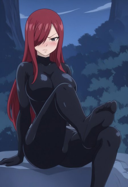 masterpiece, best quality, flat colors,1girl, large breasts, night, Erza_Scarlet, fairy_tail style, long hair, hair over one eye, blush, highres, solo, feet pose, soles (one leg towards to viewer:1), black latex catsuit, black latex gloves, sitting, outside, night,