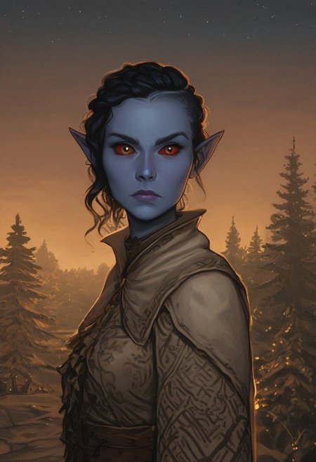 solo, medium pointy ears, nord woman, random elf face, aquiline features, dark elf, animated realism, torso, tundra, watchtower, tents, distant pine trees, grey-blue skin, scarlet and gold clothes, red sclera, black pupils, stream, distant mountains, aurora, night sky, blue-green light, neon,  stars, highly detailed, defined features, looking at viewer, three quarters view, from side, dynamic lighting, 36 years old, light and shadows, black and silver clothes, dusk, paisley doublet, determined expression, expressive eyes, detailed medieval clothes, medium_breasts, short hair, wavy hair, thick hair, braided hair, under cut hair, semirealistic, alien elf, spanish features, jewish features, black hair, dark red hair, umber skin, sharp features, linen cloak, nighttime, high detail, absurdres, pretty eyes, detailed eyes, yellow eyes,