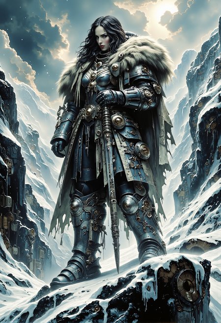 An avant-garde couture medieval warrior stands on a jagged rock amidst a vast snowy landscape, her striking silhouette contrasting against the pristine white surroundings. Clad in a meticulously crafted full suit of armor with avant-garde flairâsleek metallic curves, ornate engravings, and asymmetrical elementsâshe exudes elegance and power. A luxurious animal fur drapes over one shoulder, adding texture and warmth, while her finely designed walking cane, with an intricately carved handle, doubles as a weapon-like statement piece. The snow-covered terrain stretches endlessly, reflecting the cold light of day, as dramatic lighting from below casts bold shadows on the reflective surfaces of her armor, accentuating her fierce, regal presence in this frozen, majestic scene. epic, glorification, heroic. god rays. <lora:Warhammer_Rogue_Trader_Style_flux-000021.safetensors:0.3>,  <lora:FluxBlackT40k.safetensors:1.0>,  <lora:Elden_Ring_-_Yoshitaka_Amano.safetensors:1.0>,  <lora:The_Dark_Side_Of_The_Future.safetensors:0.28>,  <lora:aiai-Glimra-Flux-Dev-v2.safetensors:0.75>,  <lora:Ethereal Grace - s1 g4.safetensors:0.3>,  <lora:midjourney_whisper_avant_couture_v01.safetensors:1.0>,