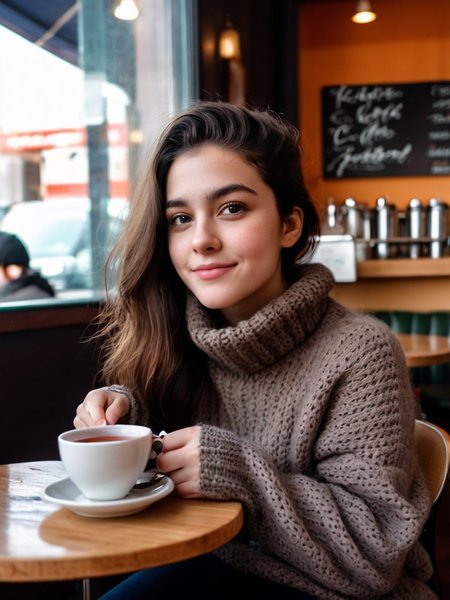 Cinematic fashion photograph  Amina_Massoud_P_MXAI_SDXL , wearing a cozy sweater, sitting in a cafe, holding a cup of steaming tea, flirty expression,
