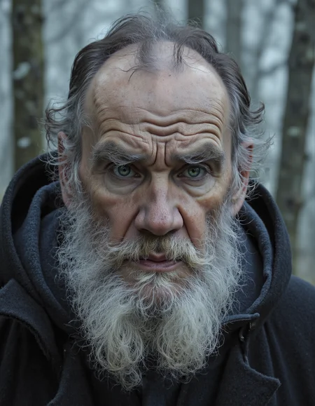 <lora:Dark_Ghibli:0.7>, <lora:Cartoon_Sheva:0.6>, This is a high-resolution photograph of an elderly man with a rugged, weathered appearance, captured in a close-up, almost macro-like, view. His skin is deeply lined and textured, with a pronounced brow, giving his face an intense, almost menacing expression. His piercing blue eyes, framed by bushy, dark gray eyebrows, are directed directly at the camera, conveying a sense of deep contemplation or concern. He has a full, white beard and mustache, with a few gray hairs mixed in, and his hair is short and graying., 
He is dressed in a dark, thick winter jacket, likely made of a heavy fabric like wool, with the hood up, suggesting a cold, possibly forested environment. The background is blurred but suggests a forest setting with tall trees, their trunks and branches obscured by the dense fog or mist, adding a moody, almost surreal atmosphere to the image. The lighting is soft and natural, likely from an overcast sky, which casts a diffused light that highlights the details of his face without harsh shadows. The overall mood is somber and introspective, with the man's expression conveying a deep sense of thoughtfulness or perhaps a hint of sorrow., <lora:t0lst0y:1>