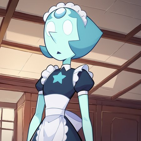 score_9, score_8_up, score_7_up, 1girl, HoloPearl, colored skin, blue skin, short hair, blue hair, forehead jewel, blank eyes, flat chest, narrow waist, wide hips, looking at viewer, maid, maid headdress, maid apron, highres, high quality, masterpiece, <lora:HoloPearl:0.8>