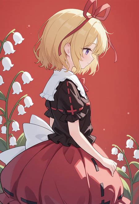,medicine melancholy, 1girl, solo, smile, short hair, simple background, shirt, skirt, blonde hair, bow, ribbon, closed mouth, purple eyes, hair ribbon, flower, short sleeves, frills, puffy sleeves, from side, red ribbon, black shirt, puffy short sleeves, profile, red skirt, white flower, frilled sleeves, red background, frilled shirt collar, frilled shirt, brown shirt, bubble skirt, lily of the valley,<lora:Nonddu_Style_NBV1.safetensors:0.95:1>,,masterpiece,best quality,newest,absurdres,highres,very awa,detail background <lora:None:0.9500000000000002>