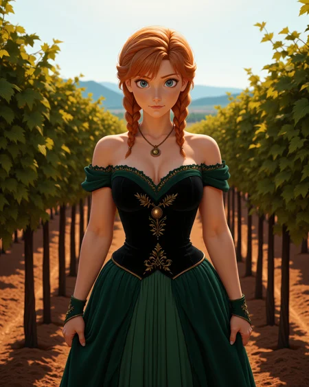 hyperRealistic Style in a wide shot. Looking at viewer, outdoors in daylight, Vengeful with a cold stare, clenched fists, and a determined, hard expression.
<lora:Frozen_-_Anna_v2_000030:1> f-anna an adult 25 year old woman she has blue eyes, orange hair and a freckled face. strawberry-blonde hair in twin braids, wearing
a young woman with strawberry-blonde hair in an elegant updo, wearing a dark green off-shoulder gown with black velvet corset bodice, golden green floral embroidery down the skirt, forest green layered underskirt, satin gloves, golden pendant, upright posture, soft ballroom lighting, hands clearly visible holding the skirt lightly, full-body view
A woman stands in a vineyard, her hands resting on a row of grapevines as the sun casts a warm glow across the rows of ripe fruit, ready for harvest.