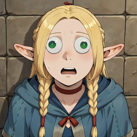 masterpiece, best quality, newest, absurdres, highres, anime, anime style, wall-eyed, GUGIL-V1.0, googly eyes, 1girl, marcille_donato \(dungeon_meshi\), elf, pointy ears, green eyes, blonde, robe, blue robe, choker, MarcilleWalleyed,Derpface,open mouth, Wall eyed,