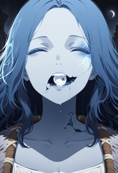 masterpiece,best quality, very aesthetic, absurdres, 1girl, close up, face focus, ruined cities, ruins, ranni_the_witch, high contrast, drastic lighting, minimalism, holding broken moon, moon in mouth, eating moon, moon broken, hard orgasm face