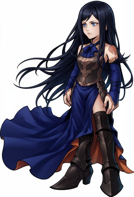 score_9, score_8_up, score_7_up, source_anime, 1girl, <lora:zs_OperaOmniaStyleXL:1> operaomniastyle, full body, white background,  <lora:ShanoaCV-pdxl:1> shanCV, long hair, black hair, blue eyes, blue dress, bare shoulders, tattoo, blue bowtie, armor, breastplate, bridal gauntlets, feather trim, side slit, black thighhighs, greaves, high heel boots