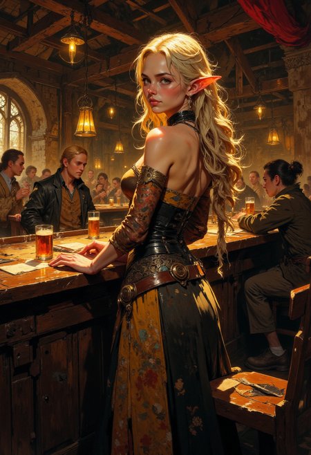 Image is a digital painting depicting a medieval-style tavern interior. The layout features a warm, dimly lit atmosphere with wooden beams and rustic decor. The subject is an elven woman with long, wavy blonde hair, fair skin, pointed ears, and striking facial features, including high cheekbones and a confident expression. She is wearing a traditional, off-the-shoulder dress with a corset, adorned with intricate patterns. The bar is lined with various drinks, including a prominently placed mug of beer. In the background, patrons are seated at tables, engaged in conversation, adding to the lively ambiance. The lighting is soft, with a golden hue emanating from hanging lanterns, enhancing the cozy and inviting setting.
<lora:Anime v1.3:0.6> <lora:VividlySurreal:0.6> <lora:FLUX-daubrez-DB4RZ-v2:0.4>