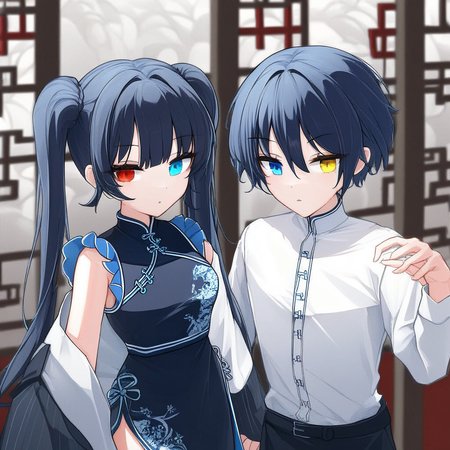 white shirt, ponytail, pants, frilled bikini, heterochromia, blue eyes, black dress, twintails, china dress, black skirt