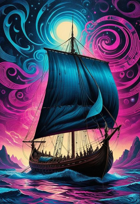 A viking ship with its distorted masts twist like (all dark hues and fine vibrant magenta glowing  background, jewelry, sitting, trippy, 60s style, op art, dark blues and blacks, swirling patterns, hypnotic, art by
<lora:InkArtXL_1.2:0.4> <lora:FaeTastic:0.35> . award-winning, professional, highly detailed . extremely high-resolution details, photographic, realism pushed to extreme, fine texture, incredibly lifelike, high contrast, well defined .