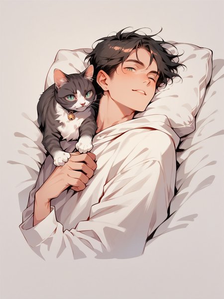 score_9, score_8_up, score_7_up, score_6_up,  <lora:p3tl0v3XLP:1> p3tl0v3, 1boy, cat, lying,