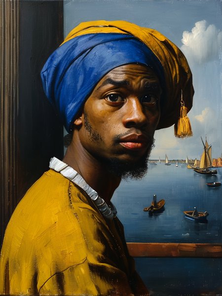 masterpiece,best quality,<lora:tbh122-sdxl:0.9>,portrait of man,oil painting,style of Jan Vermeer,black people