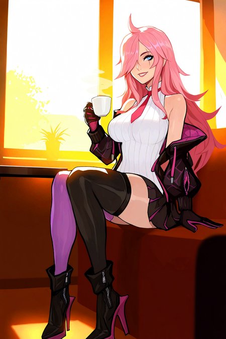 masterpiece, good quality, best quality, very awa, very as2, absurdres, highres,
 <lora:Battle Academia KatarinailluLoRA:1>BacaKata, long hair, pink hair, hair over one eye, ahoge, blue eyes, scar across eye, collared shirt, striped shirt, red necktie, bare shoulders, jacket, off shoulder, gloves, miniskirt, asymmetrical legwear, mismatched legwear, high heel boots, sitting, cafe, holding a cup of coffee, steam, happy, window, sunset, orange theme
