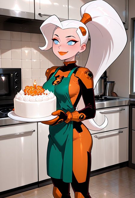 masterpiece, best quality, amazing quality, very aesthetic, absurdres, newest, ((screencap, parody, cartoon))
drewsat, 1girl, long hair, white hair, ponytail, blue eyes, makeup, lipstick, eyeshadow, 
armor,, orange bodysuit
expressive face, 
green apron, holding wedding cake, mittens, kitchen, oven, messy kitchen, smile,