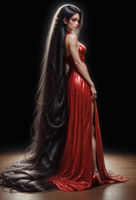 score_9_up, score_8_up, score_7_up, detailed, standing, absurdly long hair, floor length hair, black hair, 1girl, sleeveless (red sequin dress), legs, red high heels, fit girl, skin details, black background, <lora:FloorLengthHair:0.7>