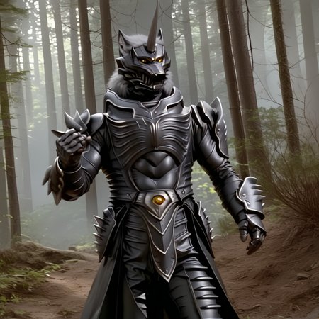 male, handsome, powerful muscular body, breathtaking beauty, pure perfection, unforgettable, impressive, chiaroscuro, vivid colors, dynamic perspective, side lighting, rim lighting, (highly detailed), (Masterpiece), 8K CGI video game, primal forest scene,
black metal armor, grey wolf, grey body, grey skin, grey fur, villain, glowing yellow eyes, long white hair, wolf face helmet, wolf face mask, single horn on forehead, powerful muscular warrior like body, opened armored leather long jacket, thick arms, thick legs, wide thick chest, large pecs, abs, perfect proportions, 
 <lora:Zen_Aku_Power_Rangers_Wild_Force_AD_SDXL:0.85>
