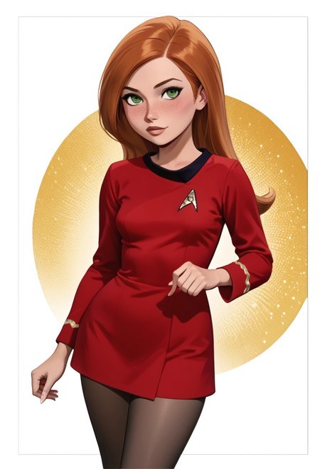 score_9, score_8_up, score_8_up, btimmsketch, 
1girl, 18yo Kim Possible, cute perfect face, red hair, long hair, green eyes, freckles, big round eyes, small breasts, perfect round breasts, perky breasts, stunf,star trek uniform red dress, long sleeves, pantyhose, 
pin-up pose, halftone effect, white borders, abstract background:1.2
