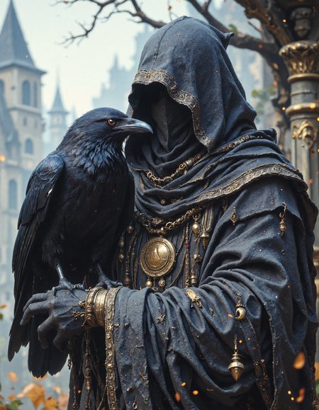 A close-up portrait of a mysterious figure cloaked in heavy, dark, textured clothing. The figure is mostly obscured by a large hood and a detailed veil that covers the lower part of their face. The clothing made of rough, dark fabrics with hints of gold and brass pendants and a crescent moon charm. Perched on the figure's arm is a large, detailed black raven with sharp eyes and textured feathers. The background is softly blurred, an outdoor, overcast environment with muted colors. The art style is realistic digital painting with a focus on texture and somber, muted colors.  The overall mood is mysterious and slightly melancholic, <lora:aidmaIllustriousv0.2:0.7>, <lora:RetroAnimeFluxV1:0.5>, <lora:FantasyWizardWitchesFluxV2-000001:0.5>, <lora:FluxMythR3alisticF:0.5>