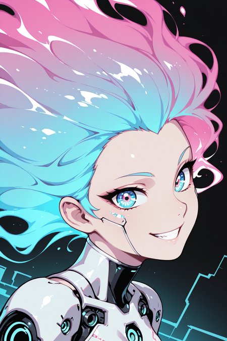 (flat colors,gradient,retro colors:1.2),sketch,abstract,dynamic angle,8K,depth of field,focused subject, 1girl,cyber woman,smiling happily,cyborg cybernetic enhancement,holographic,holofoil glitter,faint,glowing,ethereal,neon hair,glowing hair,long hair,looking at viewer,smooth brushwork,sharp edges,mechanical designs,sharp focus,face closeup,closeup to face,cyberpunk background,
,masterpiece,best quality,amazing quality