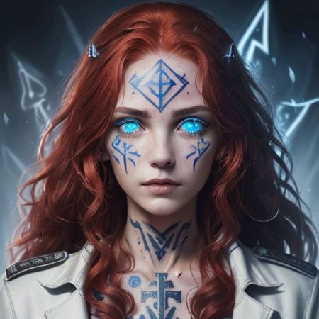 bright red hair, human female, (feminine:1.7), (beautiful face, detailed face:1.6), (beautiful eyes, detailed eyes:1.7), (looking at viewer, eye contact, intense:1.6), (long hair, red hair, curly hair:1.3), , ((masterpiece, best quality, high resolution, realistic, best quality,)), photo realistic, Perfect Face, (detailed face). <lora:GoodHands-vanilla:0.6> <lora:add-detail-xl:0.8>, mage, (Dress White military uniform coat), dagger, rune dagger, glowing runes, , (((glowing magic symbols tattoos, religious tattoos))), ((face tattoos)), glowing tattoos, stone tower in the background