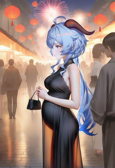 ganyu \(genshin impact\), fireworks, horns, 1girl, dress, blue hair, long hair, ahoge, bag, breasts, purple eyes, black dress, handbag, crowd, from side, sleeveless, night, solo focus, sleeveless dress, bare shoulders, bangs, sidelocks, outdoors, people, paper lantern, lantern, holding, medium breasts, big belly, standing, goat horns, alternate costume, holding bag, multiple boys, festival, pregnant <lora:fantasyFeederXL_NBVP1_lokr_V6311PZ:0.95>