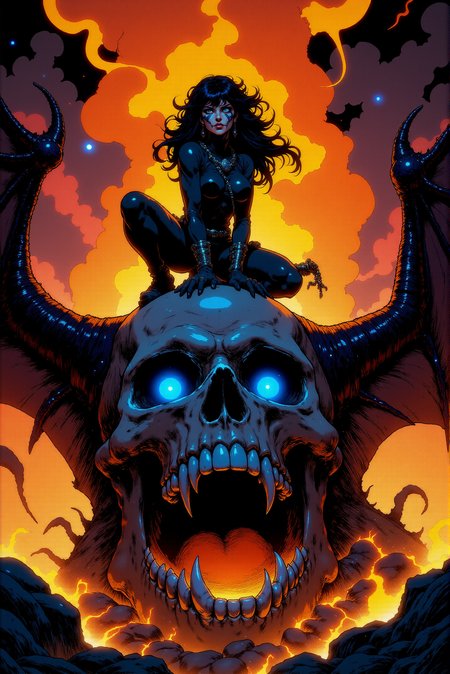 <lora:FANCHA_v.4:0.99> Fancha style.  This electrifying scene depicts a powerful figure crouched atop a massive, flaming skull with glowing blue eyes, exuding an aura of intensity and dark allure. The flames behind her roar violently, their tendrils rising and swirling in bright orange and yellow, casting a stark contrast against the fiery red and purple sky. Her long black hair is whipped back by the heat, rising like tendrils of smoke, adding to her fierce, untamed presence. Her appearance is striking, with a face painted in a skeletal pattern, evoking both fear and mysticism. She wears a tight, black leather bodysuit that clings to her athletic figure, accentuating her sharp, commanding posture. Chains loop across her chest, with skull motifs gleaming where the chains meet, reinforcing the menacing and rebellious aesthetic. Her knee-high boots, adorned with metallic accents, dig into the cracked surface of the skull, as she balances with predatory precision. The massive skull beneath her, with jagged, cracked teeth and a dark, hollow gaze, is engulfed in roaring flames that seem to drip from its mouth like molten lava. From the sides of the skull, enormous bat-like wings, veined and tattered, extend into the scene, adding a supernatural dimension to the imagery. The blue glow in the skullâs eyes stands in stark contrast to the burning chaos around it, giving it an eerie, sentient quality. The entire composition is infused with a sense of motion and danger, the flames providing dramatic lighting that casts shadows and highlights across her sleek form and the jagged, infernal landscape. Rendered in the bold, clean lines of comic art, the colors are vivid and saturated, with glowing effects accentuating the intensity of the fire and the supernatural elements. The scene pulses with energy, giving the impression of a powerful, otherworldly force ready to strike.