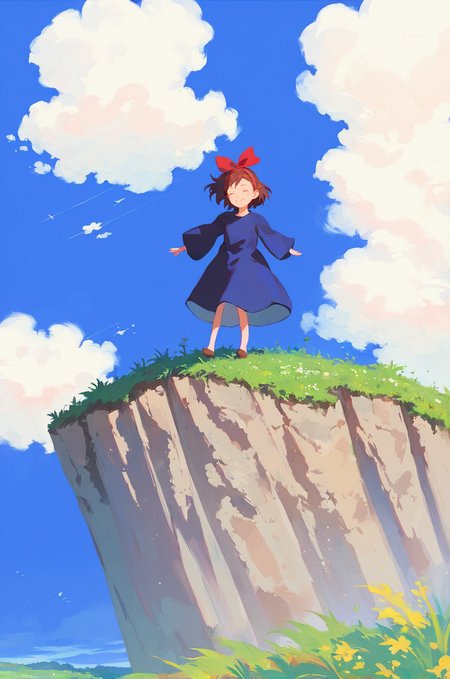 score_9, score_8_up, score_7_up, female, dark brown hair, solo, dark blue dress, baggy clothes, hairband, red hair bow, majokiki, smile, eyes closed, painting, cliff, grass, blue sky, clouds,  <lora:Kikis Delivery Service - Kiki v1:1>
