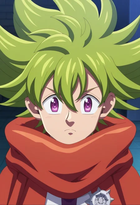 masterpiece, best quality, , anime screencap, anime coloring, , looking at viewer, 1boy, solo, male focus, <lora:percival_nnt_mny_ilxl:0.9>, percival_nnt_mny, green hair, purple eyes, spiked hair, hair between eyes, bangs, ,