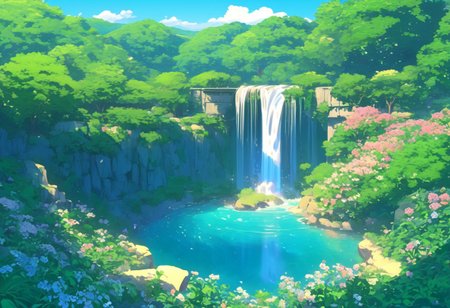 FFCB, simple Anime, magical fantasy landscape with a waterfall and flowers