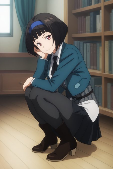 score_9, score_8_up, score_7_up, score_6_up, score_5_up, source_anime, rating_safe, medium breasts, indoors, library, 1girl, solo, looking at viewer, <lora:age_slider_v4:2>, (dynamic pose:1.2), kazuki ferrari, short hair, black hair, bob cut, blue hairband, school uniform, green jacket, white shirt, collared shirt, black neckerchief, grey vest, striped vest, belt, black skirt, pleated skirt, black pantyhose, boots, <lora:Kazuki_Ferrari:0.9>, smile, squatting, (full body:1.2)