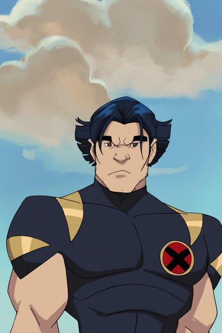 score_9, score_8_up, score_7_up, logan, xevosuit, 1boy, solo, male focus, mature male, short hair, dark blue hair, brown eyes, thick eyebrows, facial hair, stubble, sideburns, bodysuit, dark blue bodysuit, short sleeves, muscular, looking at viewer, standing, close-up, portrait, upper body, blue sky, cloud <lora:Wolverine (Logan) X-Men Evolution (Second Suit) v1.1 [LoRA] - Pony V6 XL:0.85>