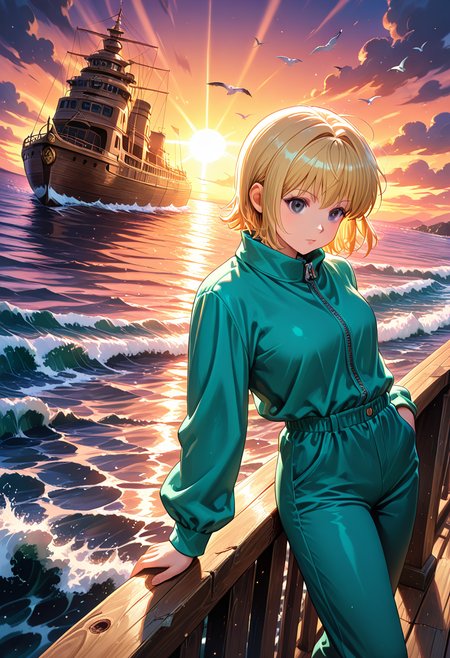 masterpiece, best quality, 32k, high resolution, absurdres 
1girl, solo, Borksen, h_borksen, hunter x hunter, official art, dark grey eyes, short blond hair, long sleeves,full turquoise clothes, bangs, turquoise pants, turquoisejacket,
dynamic pose, standing, posing, looking at horizon, leaning on the railing
outdoors, big ship, boat deck, sea, seagulls, waves,
light particles, dynamic angle,  cinematic angle, various angles, detailed background, beautiful background, (rays light:1.0),(grow:1.0) vivid colors, shiny and glossy, anime style, high-res, beautiful aesthetic, very intricate, high-quality details, vibrant, 
<lora:add-detail-xl:1.10> <lora:spo_sdxl_10ep_4k-data_lora_webui:0.95> <lora:noobai_ep11_stabilizer_v0.138_fp16:0.6> <lora:StS-Illustrious-Detail-Slider-v1.0:1.10> <lora:cfg_scale_boost:0.95> <lora:nyalia:0.20>  <lora:HUNTERHUNTER___Morena_____borksen:1>