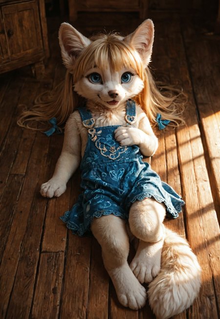  score_9, score_8_up, score_7_up, score_6_up, high res, detailed background, detailed face, detailed mouth, high detail, detailed fur, furry, fluffy, masterpiece, best quality, amazing quality, 
kalei ,white skin,
1girl, solo, anthro, long yellow hair, large bushy yellow tail, white fur, white limbs, blue eyes, (child, kid)
(ribbons in the hair:1.2), hair over one eye. (beautiful eyes:1.6), (long eyelashes:1.4), black eyebrows, fluffy ears, fluff in ears, tail, (cute expression, cute face:1), :3, (blue patterned lace dress:1.4), (jewelry:1.3), full body, big eyes, Lying on his back, look at viewer, furry, cozy home, wooden floor, cozy cottage, warm colors, day, shadows, happy atmosphere, perfect lighting, anatomically correct, extremely detailed, high detail, detailed background, OverallDetail,
Lying on his back