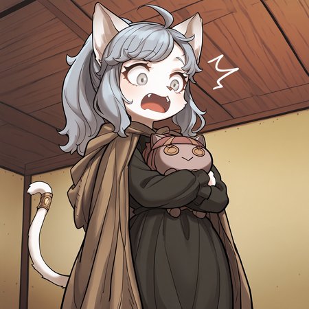 BREAK, <lora:Sheena_Falafel:1>, Sheena Falafel, Fuga: Melodies of Steel, kemono, furry female, young female, 1girl, cat girl, white fur, grey eyes, pastel blue hair, long hair, ahoge, bangs, sidelocks, animal ears, cat ears, animal nose, pink nose, cat tail, tail ornament, braided anklet, Fuga 2 appearance, ponytail,
BREAK, Fuga 1 Outfit, black dress, brown cloak,
BREAK, Bleuette, Bleuette doll, character doll, stuffed cat,
BREAK, solo, half body, low angle, looking down, surprised, open mouth, fangs,